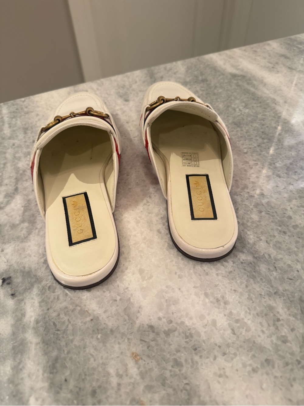 Gucci White Leather Horsebit Mule Loafers with Red & Navy Stripes - Picture 7 of 8
